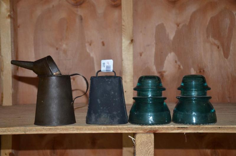 lot 188 image: Collectibles - antique oil can, cow bell, two...