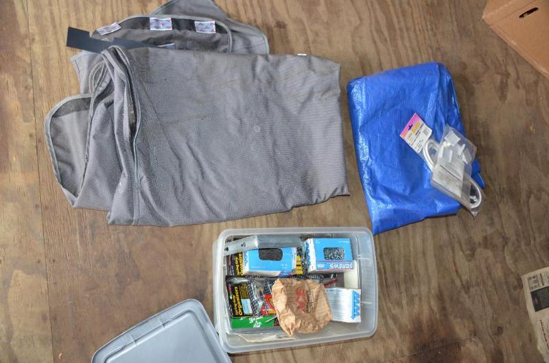 lot 190 image: 2 tarps and plastic box of nails, screws , ha...