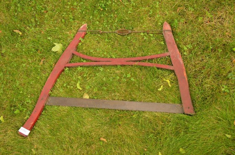 lot 196 image: Antique buck  bow saw , loggng tools, bl...