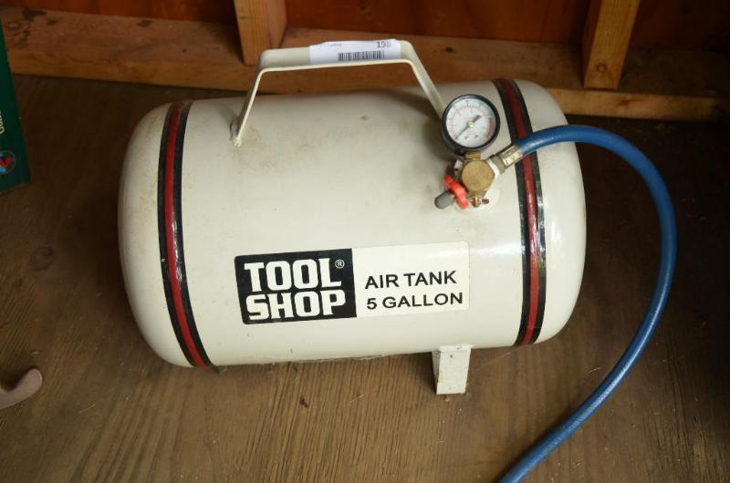 lot 198 image: Tool Shop 5 gallon air tank with hose....