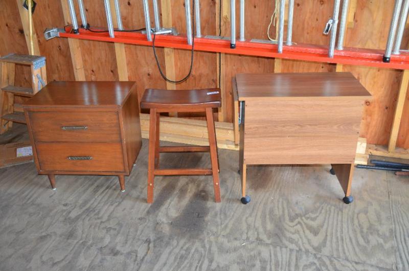 lot 208 image: Wood stool, Wood night stand, wood computer t...