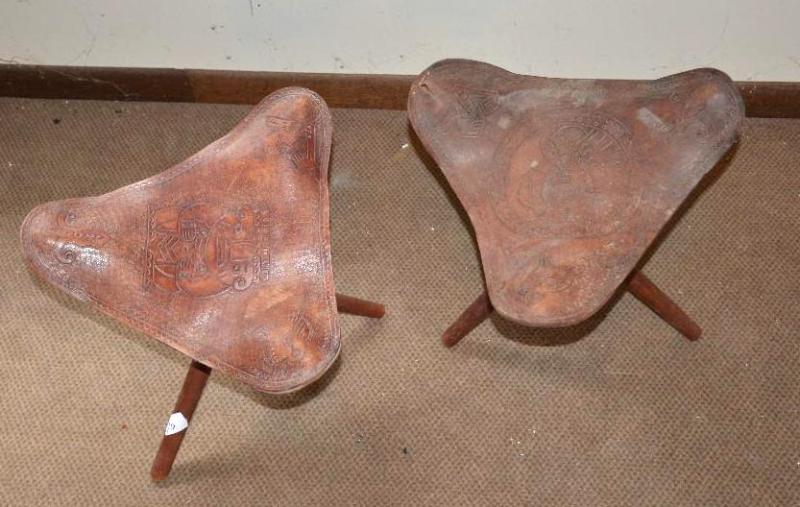 lot 10 image: Two leather stools made in Ecuador 16" t...