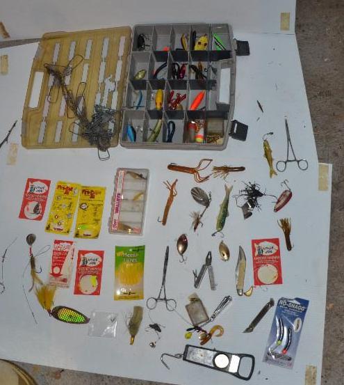 lot 12A image: Vintage Hamms Beer opener, fishing lures, ta...