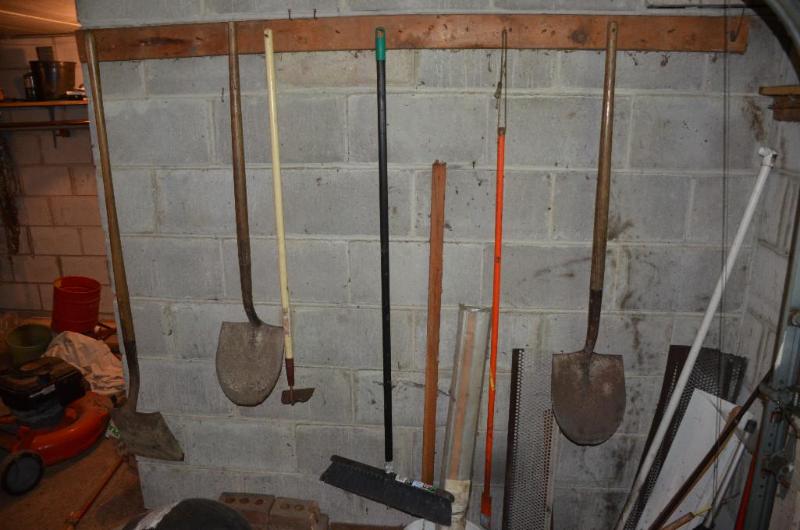 lot 175A image: Yard tools - shovels, rakes, hoe, hose, broom...