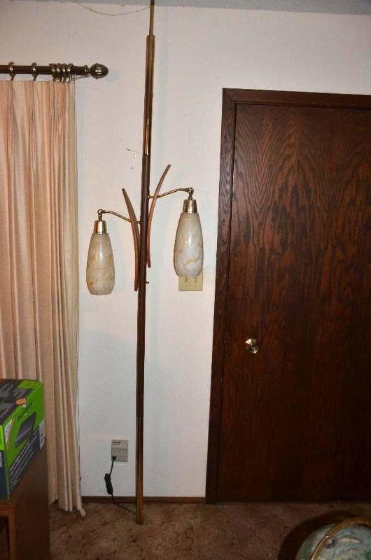 lot 2B image: Retro tension pole lamp with teak wood...