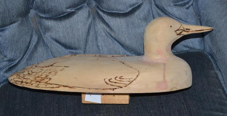lot 46 image: Hand carved duck decoy 17" long. Hand ma...