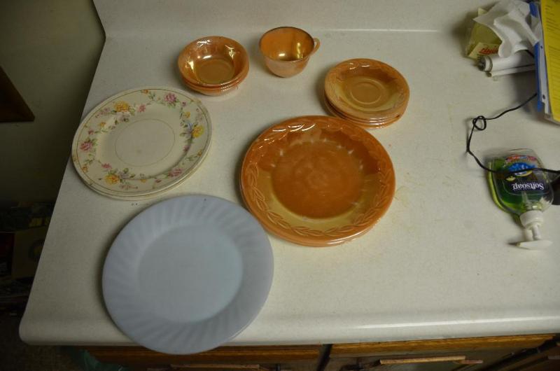 lot 48 image: Fire King plates, one cup Peach Lustre Laurel...