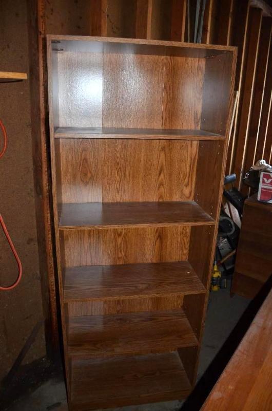 lot 54 image: Wood bookshelf with adjustable shelves 28x12x...