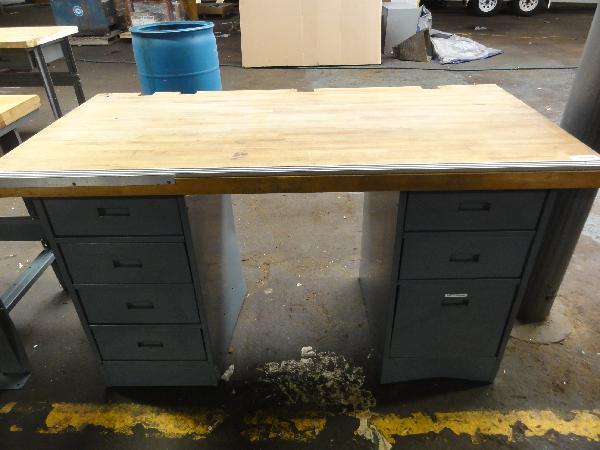 lot 1 image: Butcher Block Workbench Desk Features 6 Drawe...
