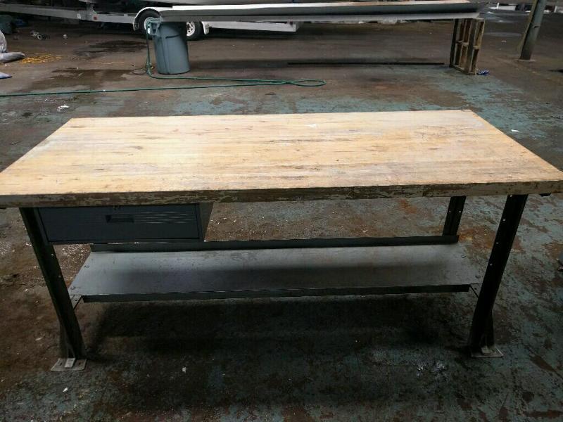 lot 11 image: Butcher block wood work bench with drawer and...