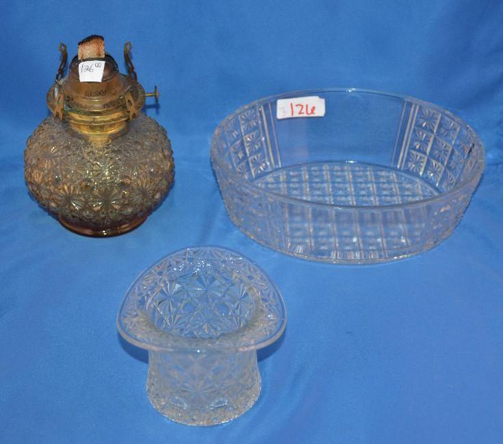 lot 126 image: Gas kerosene lamp base, glass bowl , hat shap...