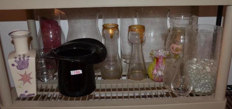 lot 130 image: Items on shelf - black ceramic hat, vases, co...