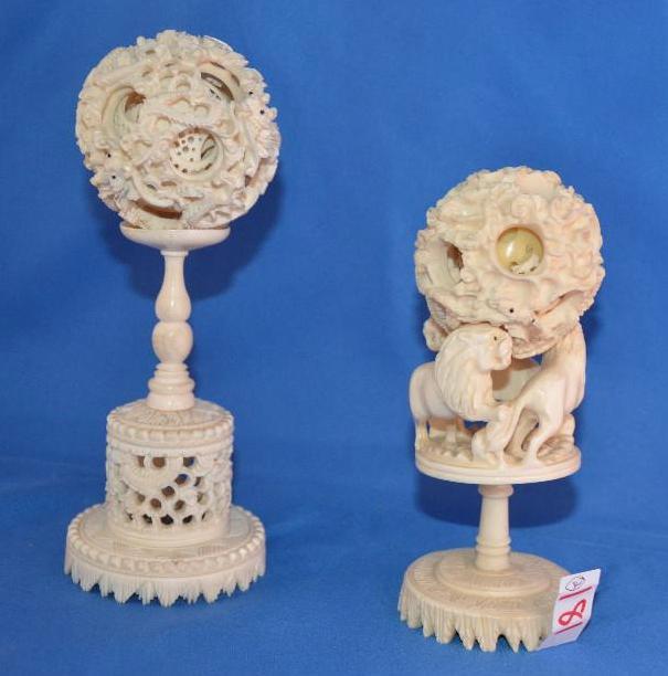 lot 181 image: Intricate carvings, maybe ivory, 6" &...