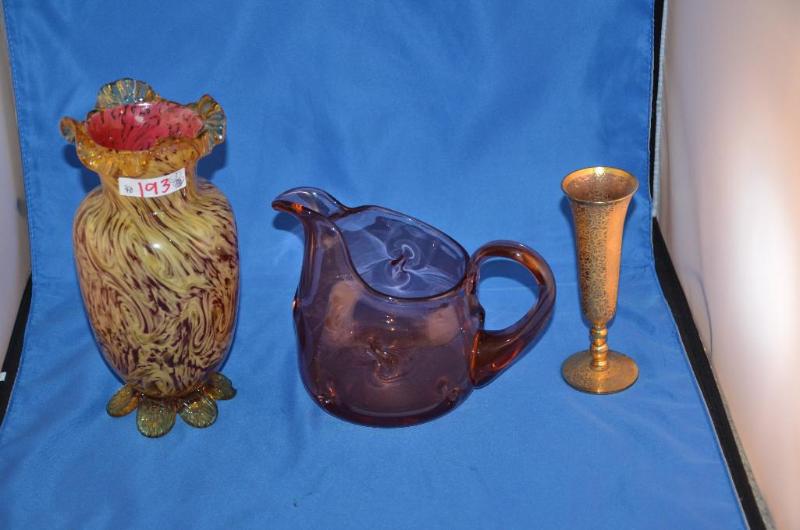 lot 193 image: Blown glass vase 9" tall, metal vase 7&q...