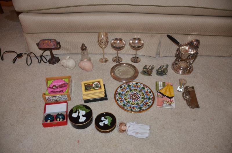 lot 273 image: Colored glass lamp, vintage doll, coasters, m...