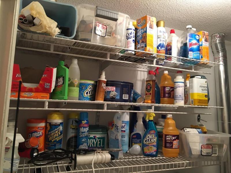 lot 276 image: 3 Shelves of cleaning supplies and tools...