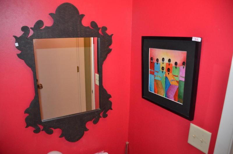 lot 52 image: Metal frame mirror 24x36 & oil painting b...