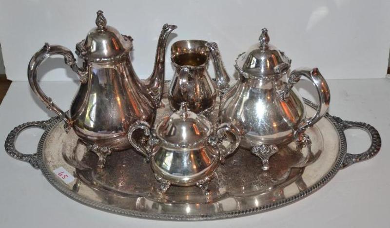 lot 65 image: Crescent silver on copper tea coffee set tall...