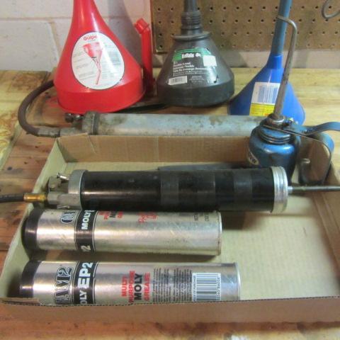lot 19 image: Grease & Guns, Oil Cans, Funnels