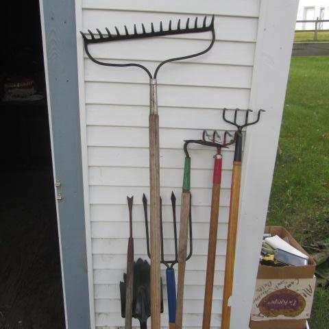 lot 88 image: Rake, Forks, Garden Tools