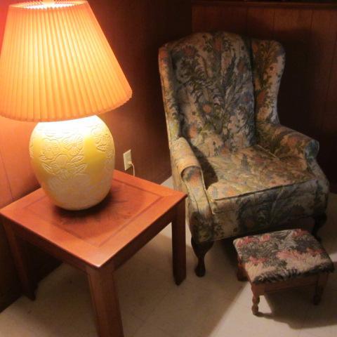 lot 22 image: Wingback Chair, Footstool, Table & Lamp