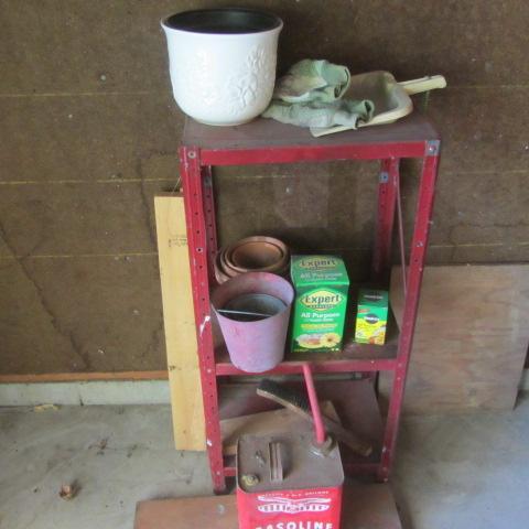 lot 225 image: Metal Shelf, Planters, Gas Can