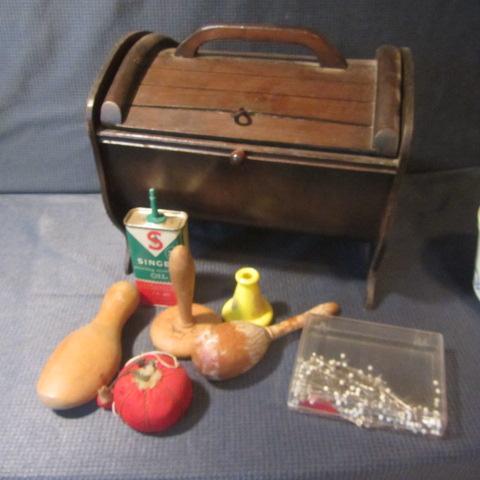 lot 56 image: Wooden Sewing Trunk, Darners