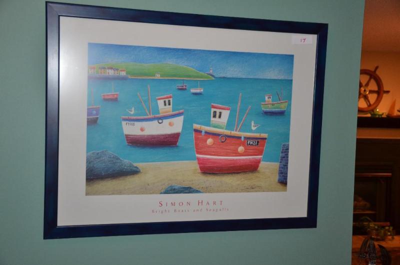 lot 17 image: Framed print &quotBright Boats and Seagulls&...