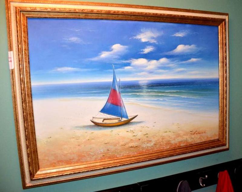 lot 19 image: Signed Oil Painting of a Sailboat- Aprox size...
