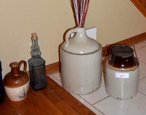 lot 25 image: Antique jug, covered crock, 2 antique glass b...
