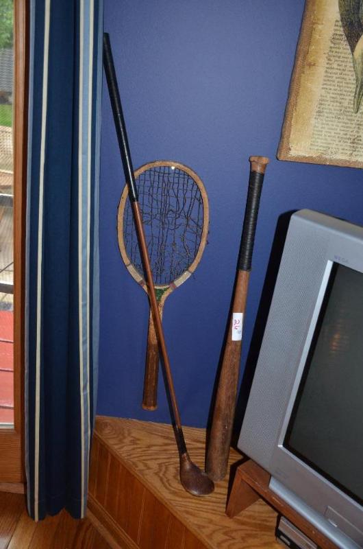 lot 26 image: Antique Higgins golf club, tennis racquet, ba...