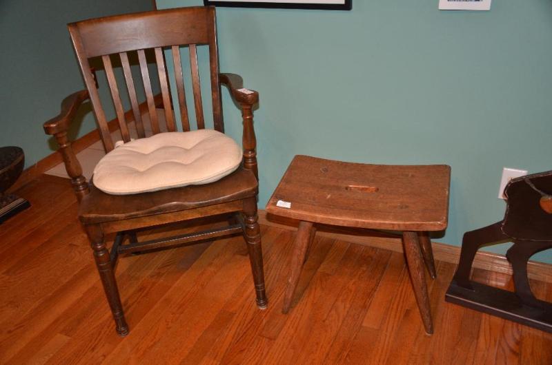 lot 39 image: Vintage wooden chair & stool  table...