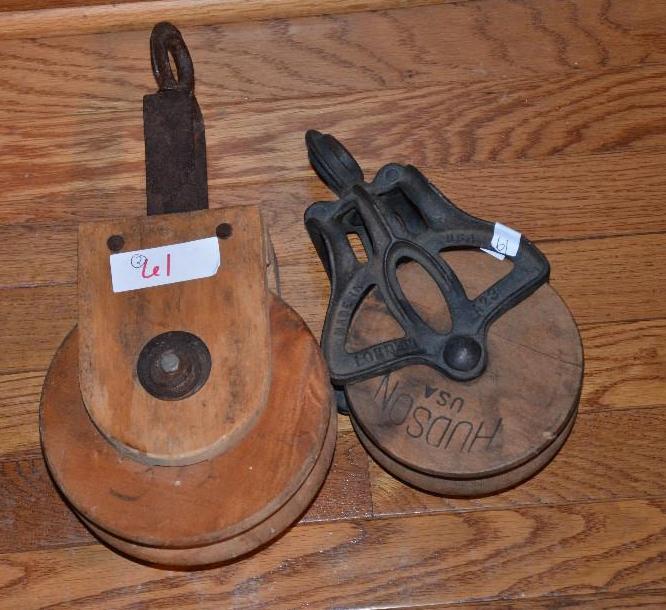 lot 61 image: 2 Antique wood pulleys , one is a Hudson 6&qu...
