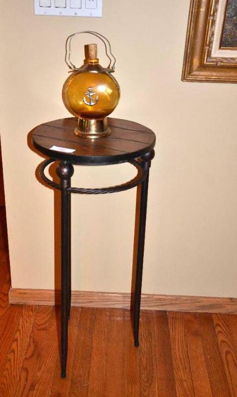 lot 78 image: wood table 36" tall & vintage glass ...
