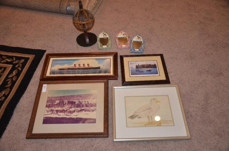 lot 88 image: 4 Framed prints, 3 wood boat mirrors, one wic...