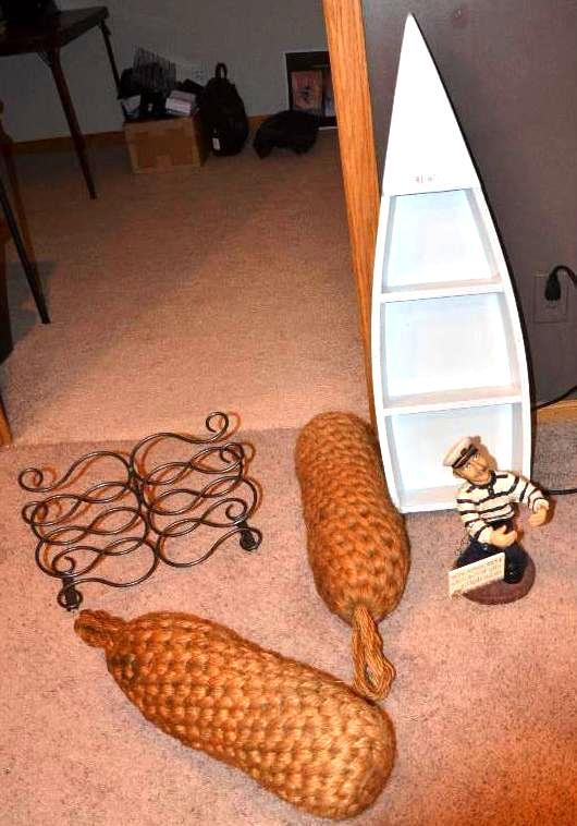 lot 91 image: Wood boat book shelf 30" tall, wine rack...