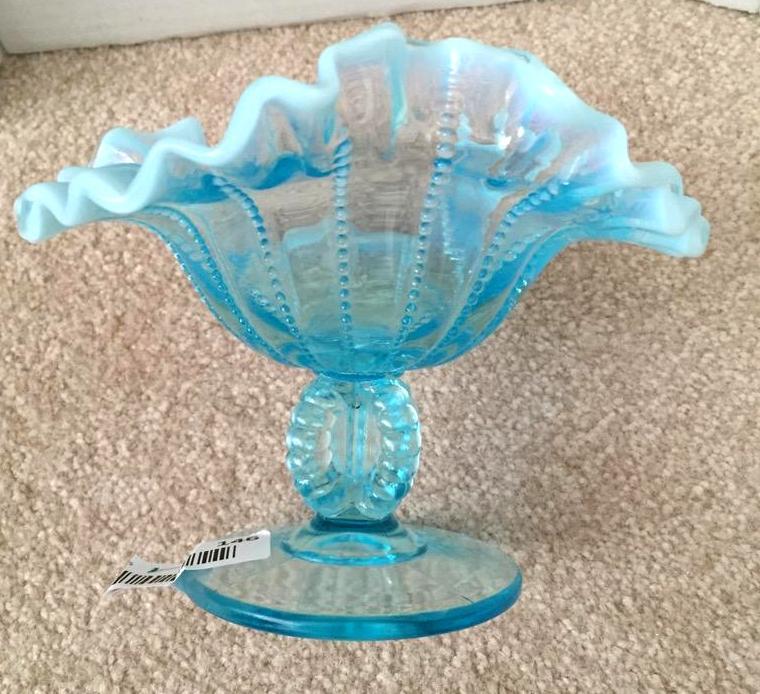 lot 146 image: Light Blue Glass Footed Compote Bowl, ruffled...