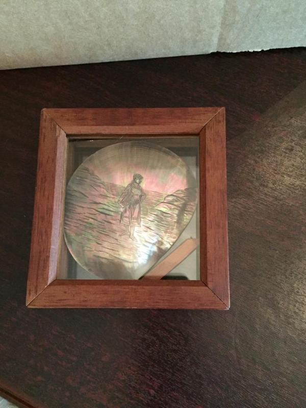 lot 199 image: Framed Engraved Mother of Pearl Shell depicti...