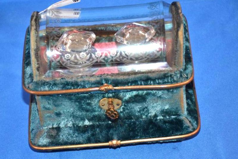 lot 201 image: Perfume Bottles in Velvet Covered Bottle Cask...