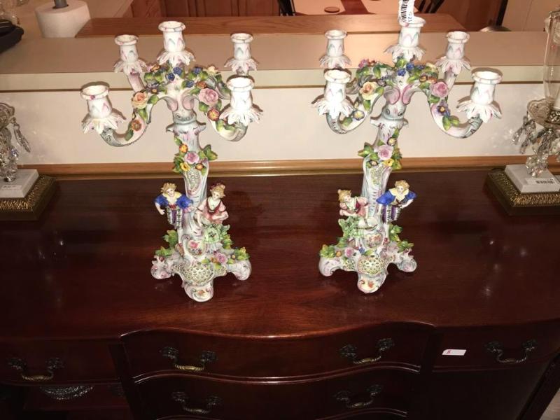 lot 21 image: 2 Beautiful Hand painted Figural Candelabras ...