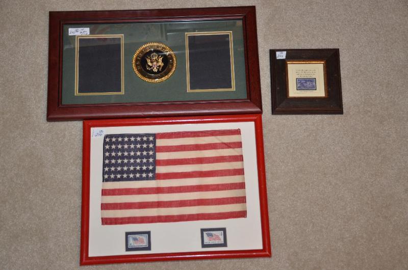 lot 240 image: Framed Flag with 48 stars and 2 postage stamp...