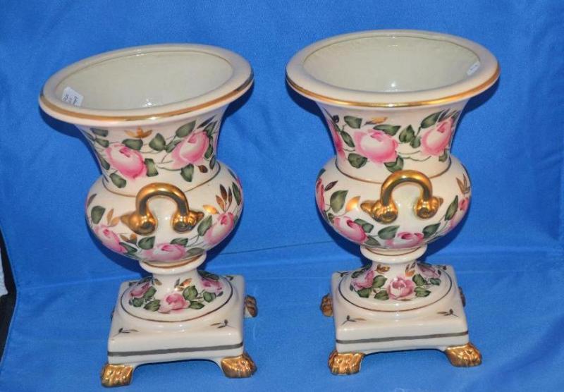 lot 276 image: Pair of Porcelain Urns with pink roses and go...