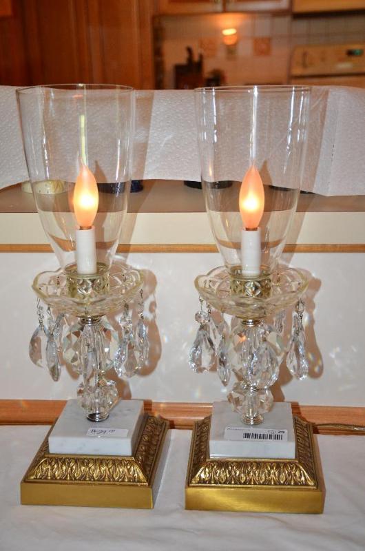 lot 29 image: 2 Vintage Crystal Hurricane Lamps Marble Base...