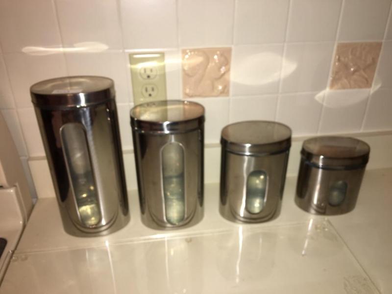 lot 303 image: 4 Canisters-- flour, sugar, coco, brown sugar...