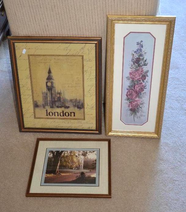 lot 320 image: 3 Framed pieces of art London, Roses, and an...