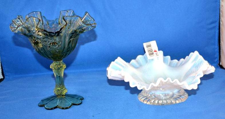 lot 60 image: Ruffled Fenton Green glass footed Candy Dish ...