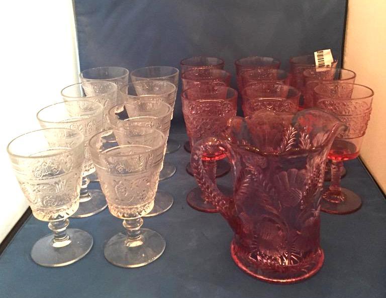 lot 68 image: Pink Carnival Glass Pitcher -- thistle patter...