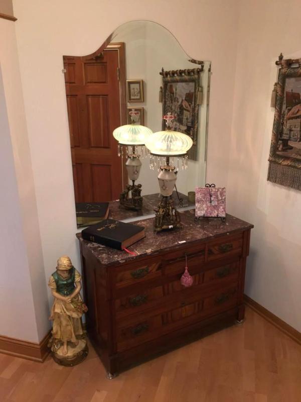 lot 1 image: Antique Entry way marble top dresser with mir...