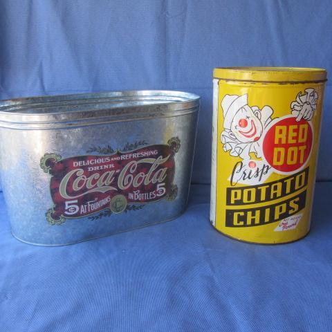 Red Dot Chip Tin, Coca Cola Tub