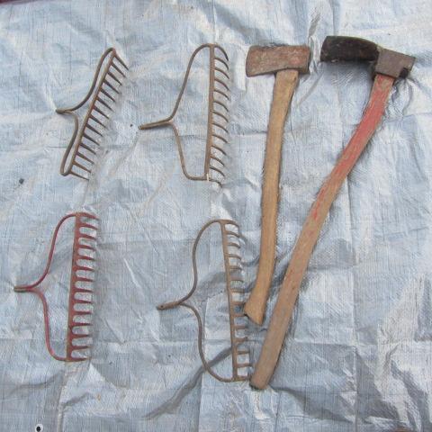 lot 144 image: Rakes, Grub Hoe, Axe